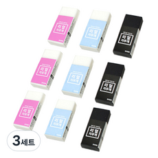 韓國鉛筆 真實橡皮擦 3款 x 3入 組, 天藍色, 粉紅色, 黑色, 3套