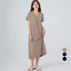 CARET 女款飄逸V領短袖連身裙, 深米色