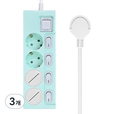 원스탑 제로갭 슬림 납작 컬러 개별 스위치 16A 멀티탭 4구 + 안전커버 2p 세트, 0.5m, 파스텔민트, 3개