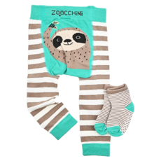 ZOOCCHiNi 包屁褲襪，可愛動物主題，精梳棉彈性材質，加寬臀部設計，膝蓋防滑，附防滑棉襪, 12~18個月, 樹懶