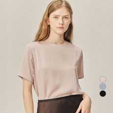 ELLE PARIS 여성용 라운드넥 반팔 우아한 글로우 새틴 블라우스