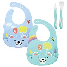 BRUNOKO 嬰兒餵食3件組 矽膠圍兜 2個 + 勺子 + 叉子, 藍綠色 + 綠色, 1組, 1入