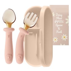 티지엠 데이지 플렉시 PPSU 자기주도 이유식 휘어지는 각도 조절 스푼 포크 케이스 세트, 코랄핑크, 1세트