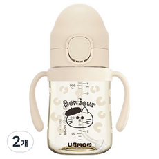 유비맘 유아용 PPSU 원터치 봉주르몽자 빨대컵, 200ml, 2개, 베이지