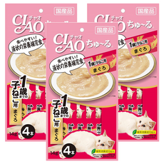 INABA CIAO 啾嚕 肉泥 1歲幼貓用, 日本國產, 條狀包裝方便餵食, 綠茶除臭成分配方, 鮪魚, 56g, 3袋