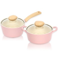 nEOFLam Retro系列陶瓷鍋具2件組, 單柄鍋+雙耳鍋, 粉色