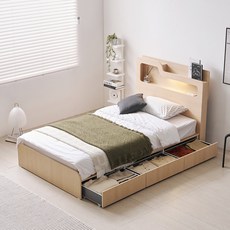 우아미가구 마나스 LED 3단서랍 벙커수납 침대 프레임 + 7존 독립스프링 매트리스 세트 방문설치, 메이플(프레임), 화이트(매트리스)