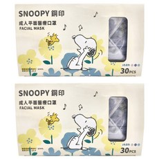 MITENXIN 天心生醫 史努比鋼印成人平面醫療口罩 175 x 95mm, 萱藍樂音 3色混色, 30片, 2盒