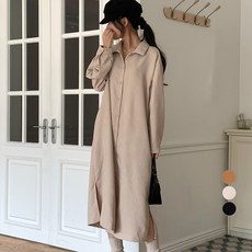 afinar 女款燈芯絨長版襯衫式洋裝, BEIGE