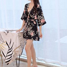 CITY COMPANY 絲綢花卉高爾夫浴袍 S, 1個, 黑色