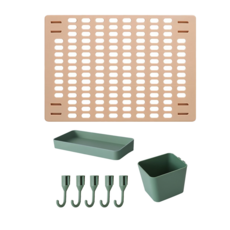 免打孔家用洞洞板置物架 Set 8, 置物盤20x10x3, 收納盒10x8x8, 掛勾2.6cm, 洞洞板粉 + 配件綠, 1組
