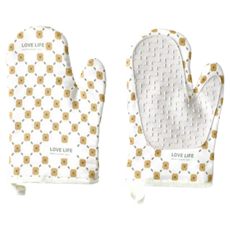 掌心矽膠防滑隔熱手套，棉布＋矽膠材質，白底黃花，綠底粉花, 1雙