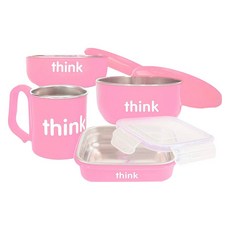 thinkbaby 環保不鏽鋼兒童餐具組, 湯碗 + 淺口碗 + 餐盒 + 水杯, 粉色, 1組