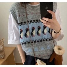 Goodif 企鵝提花背心 可愛復古圓領針織背心