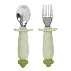 PiYOPiYO 黃色小鴨 鉑金矽膠316不鏽鋼學習蘿蔔湯叉組, 湯匙 + 叉子, 白色, 1組