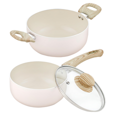 QUEEN SENSE Rose系列 陶瓷IH鍋2件組, 16 公分單柄鍋 + 20 公分雙耳湯鍋, 粉色, 1組