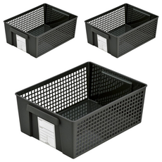 inomata 可標示塑膠分類收納整理籃, 21.5 x 28.7 x 11.5cm, 黑色, 3個