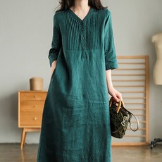 IMMONG 女款大尺碼V領褶皺亞麻連身長裙, 綠色