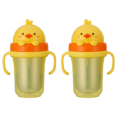 Edison Friends防漏雙層不鏽鋼吸管杯2, 300ml, 黃鴨, 2個