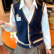 메이첼 오모 베어 배색 라인 니트 조끼 가디건 06814