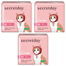 secretday 韓國原裝進口 Love系列 衛生棉 蝶翼型, M(24.5cm), 16片, 3包