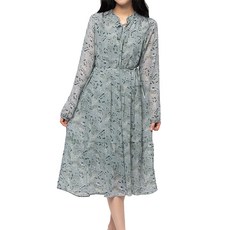 CARET 女款碎花雪紡洋裝 繫帶 襯衫領 長版, 淺藍