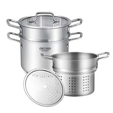 Orchid 電磁爐美食義大利麵多功能鍋具3件組, 銀色, 1套, 雙耳鍋 21cm + 內鍋 + 蒸盤