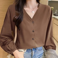 lemon soul V領釦子長袖雪紡襯衫