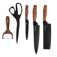 ATOOM 鑽石壓紋刀具 頂級馬氏體不鏽鋼刀鋒 耐損性強且持久鋒利, 削皮器 + 剪刀 + 水果刀 + 西式廚刀 + 中式菜刀, 1組