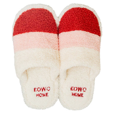 EOWO HOME 毛絨條紋拼色包頭保暖防滑室內拖鞋, 40~41, 紅色, 1雙