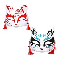 Mandeulhabi 日本狐狸貓咪角色扮演服裝派對面具假面, 01 紅藍色, 2個