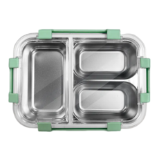 Green Bell 綠貝 316分隔密扣保鮮餐盒 雙層隔水保溫 防燙手 堅固耐用 四面鎖扣設計, 22 x 16 x 7.5cm 393g, 綠色, 1個