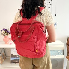 輕便方形復古帆布後背包, 紅色