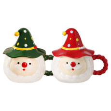 JUST HOME 聖誕派對老公公附蓋馬克杯 陶瓷材質 14x11x13.5cm 2件, 紅色 + 綠色, 1組