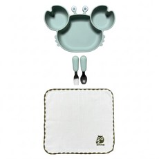 CHING-CHING 親親 螃蟹兒童矽膠餐具三件套組, 軍綠色, 1個造型餐盤、1個湯匙、1個叉子、1條紗布方巾, 1組