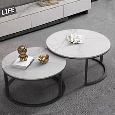 岩板茶几 現代簡約風 圓形雙層組合, 黑鐵 + 灰色