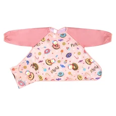 PUKU 藍色企鵝 長袖防漏魔吸圍兜 附收納袋 防水透氣 吸盤設計, 甜點粉, 1組