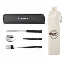 OMORY 304不鏽鋼法式餐具組 附收納袋, 筷子 + 湯匙 + 叉子 + 收納袋 + 收納盒, 黑色, 1組