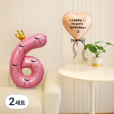 피앤비유니티 레터링 왕관 숫자 리본 풍선세트, 올핑크 6, 2세트