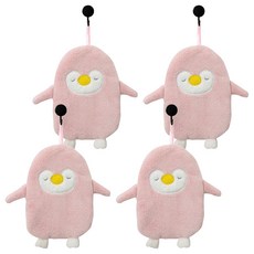 擦手巾 深粉色 4條 - 珊瑚絨材質、超強吸水、可愛企鵝造型, 1入