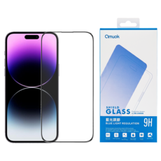 amuok 艾默克 iPhone 14 Pro Max 滿版 鋼化玻璃保護貼 9H 防指紋 2.5D 抗藍光（微黃色調）