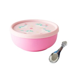 KOM 316不鏽鋼兒童隔熱碗, 粉色, 矽膠上蓋 + 湯匙, 1組