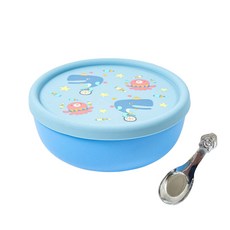 KOM 316不鏽鋼兒童隔熱碗, 藍色, 矽膠上蓋 + 湯匙, 1組