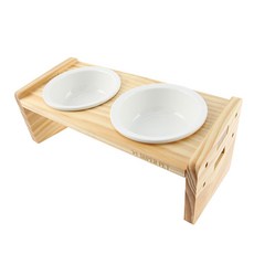 DOG-i 寵物優質原木雙格餐桌 + 陶瓷碗2件組, 單一顏色, 1套