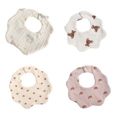 LuxuryBaby 花瓣形狀6層紗布圍兜, B款(大象+泰迪熊+愛心+彩虹), 4件, 1組