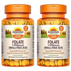 SUNDOWN NATURALS 日落恩賜 高單位葉酸錠 1 333mcg DFE (800mcg 葉酸) 素食, 100顆, 0.2g, 2罐