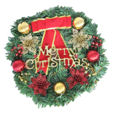 聖誕花圈 含紅色蝴蝶結, 四花款, 38cm, 1個