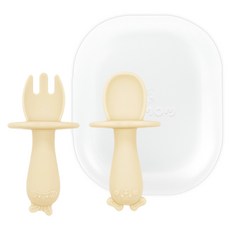 유비맘 자기주도 실리콘 이유식 스푼 + 포크 케이스 세트, 인절미 베이지, 1세트