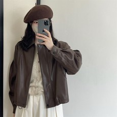 PEONIST 女款PU翻領飛行夾克
