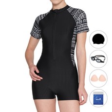 quaro 女款半拉鍊兩分式大尺碼泳裝 + 泳帽 + 泳鏡 + 胸墊 + 透明收納袋組合 ILB234S